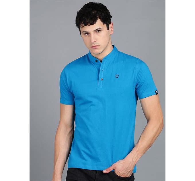 Fashion Men Blue Solid Slim Fit Mandarin Collar Pure Cotton T-Shirt